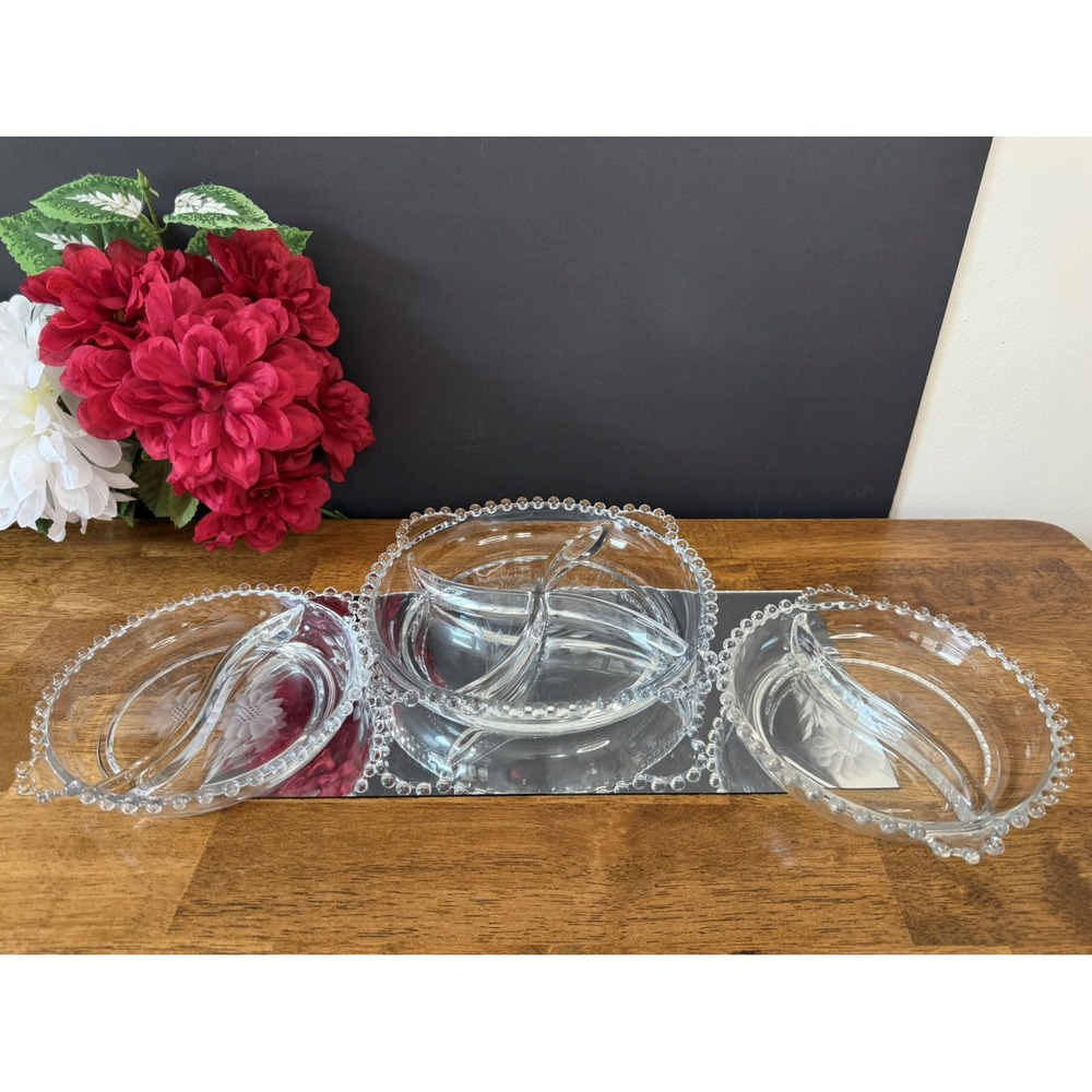 Vintage Cornflower Etched Divided Glass Serving Tray Set W.J. Hughes Beaded